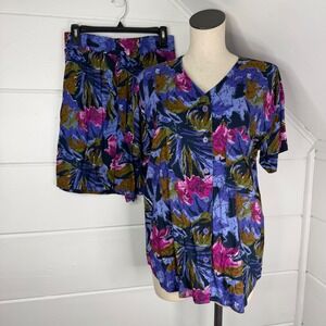 VTG 90s Two Piece Set Bermuda Run Tropical Floral Shorts Shirt Rayon Purple Pink